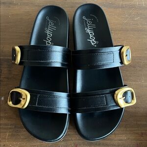 💫Jellypop brand Black Double-Strap Sandal Slides with Modern Gold Buckles💫